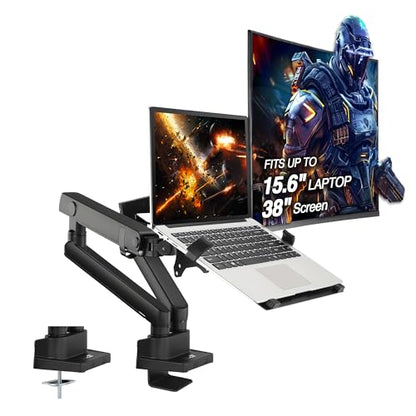 AVLT Laptop & Monitor Arm Desk Mount for 17-38" Screens - Black | Supports flat/curved/ultrawide screens up to 26.4 lbs. Smooth mechanical spring, 15.6" laptop tray and clean cable routing - size: Laptop & 38 Inch Monitor Arm
