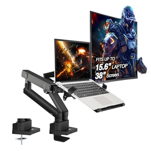 AVLT Laptop & Monitor Arm Desk Mount for 17-38" Screens - Black | Supports flat/curved/ultrawide screens up to 26.4 lbs. Smooth mechanical spring, 15.6" laptop tray and clean cable routing - size: Laptop & 38 Inch Monitor Arm