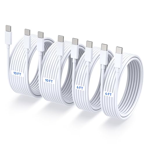 4-Pack (6ft 6ft 10ft 10ft) 60W USB C to USB C Fast Charging Cable, for iPhone Charger Cord, Type C to C Charger Cord for iPhone 17, 17 Pro, 17 Pro Max, 16, 15, iPad Pro, for MacBook Pro/Air, Samsung - color: White 2x6ft +2x10ft