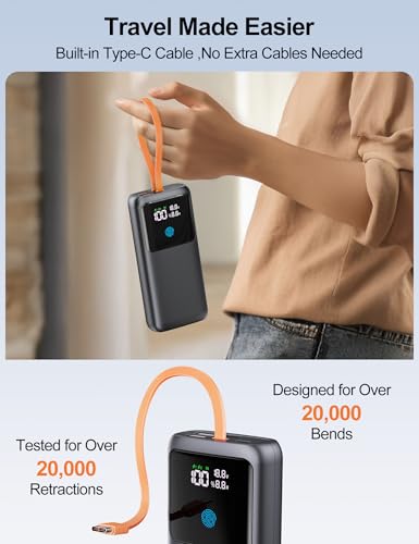 Portable Laptop Charger 24000mAh 65W w/USB C Built-in Cable Black | 65W Fast charging, LED display, Charge 4 devices at once, Pass through, TSA approved, Compatible with Macbook/Notebook/iPhone - color: Black