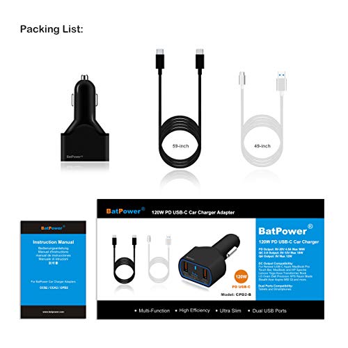 BatPower High Power Delivery 120W USB-C Laptop Car Charger Compatible with Surface Book Laptop 4 3 Pro 10 9 8 X 7 HP Razer Dell USB-C Laptop Vehicle Charger DC 12v-24v Auto Charger - color: Black