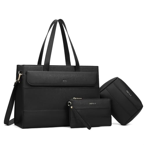 Keyli 3pcs Laptop Bag for Women 15.6 Inch Leather Work Tote Bags Professional Business Office Computer Shoulder Briefcase - color: Sets-black