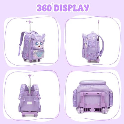 Meetbelify Rolling Backpack for Girls Backpacks with Wheels for Elementary Student Kids School Travel Bag for Girls Ages 6-8 Years Old Purple - color: Purple
