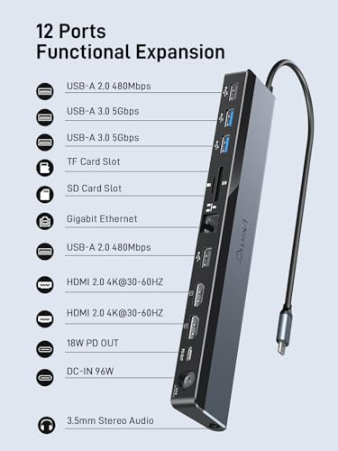 USB C Docking Station Dual Monitor 4K@60Hz, 12-in-1 Laptop Dock with 2*HDMI, 4*USB, Thunderbolt 3/4 Dock, SD/TF Slot, Ethernet, Audio, 96W Power Adapter, for HP, Lenovo, Dell, ASUS,Surface - size: NQ-DK-02-Pro