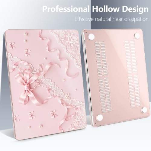 Batianda Case for MacBook Air 13.6" 2026 M5 M4 M3 M2 Chip,Blush Ribbon Lace | 4-in-1 set with coquette style pink ribbon lace art, slim hard shell protection for girls, students and aesthetic users - color: Blush Ribbon Lace