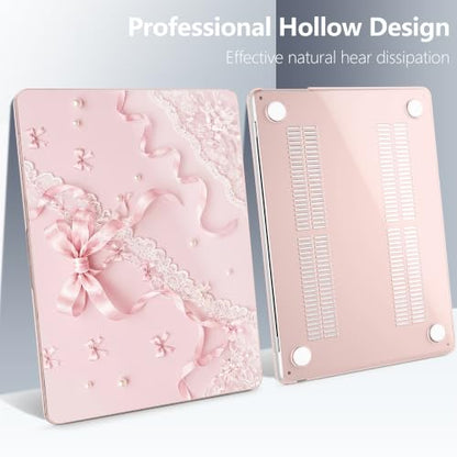 Batianda Case for MacBook Air 13.6" 2026 M5 M4 M3 M2 Chip,Blush Ribbon Lace | 4-in-1 set with coquette style pink ribbon lace art, slim hard shell protection for girls, students and aesthetic users - color: Blush Ribbon Lace