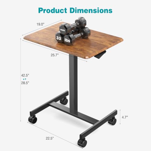 DUMOS Mobile Small Standing Desk, Portable Rolling Laptop Desk with 2 Lockable Wheels, Adjustable Height Computer Workstation for Home Office, 19 Inch Brown - color: Brown