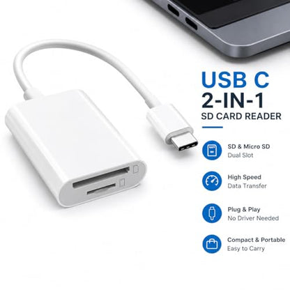 2-in-1 USB-C SD & MicroSD Card Reader for iPhone 17/16/15, iPad, MacBook Pro/Air, Android & PC — Plug & Play Adapter Supports SD/TF Cards up to 512 GB | Fast 16 MB/s Transfer Speed | White