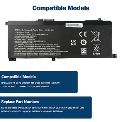 Amanda SA04XL Battery for HP Envy X360 15-DR 15-DR0010TX Series Notebook HSTNN-OB1F HSTNN-OB1G HSTNN-UB7U L43248-541 L43248-AC1 L43248-AC2 L43267-005 SAO4XL 15.12V 55.67Wh - size: 11.85*5.67*1.26 inch SA04XL
