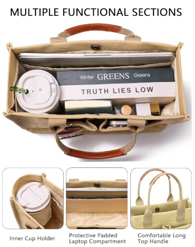 Canvas Tote Bag for Women,Women's Bags Crossbody Bags Work Laptop Tote Bag Large Handbags Purse for Travel Nurse Teacher - color: Canvs Cute Khaki With Compartments