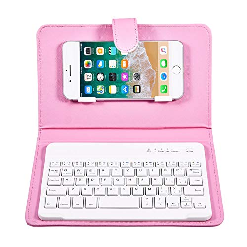 Portable Bluetooth Keyboard with Leather Case Cover with for 4.5''-6.8'' iOS, Android and Windows Smart Phones, Detachable with Kickstand - color: Pink