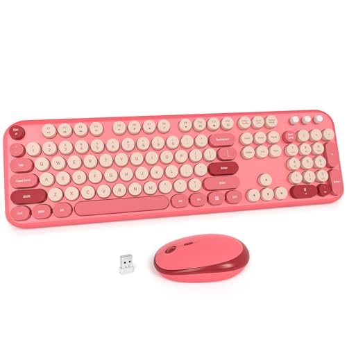 MOFII Wireless Keyboard and Mouse Combo, Full-Size Retro Typewriter-Style Wireless Keyboard with Optical Mouse for Computer/Laptop/Windows/Mac (Rose Red) - color: Rose Red