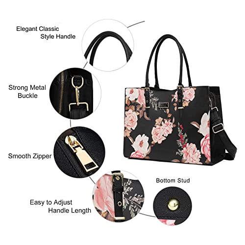 MOSISO Laptop Tote Bag for Women, 15-16 inch Laptop Bag | Compatible with MacBook Air 15/Pro 16, Peony Waterproof PU Leather Work Tote Briefcase with Adjustable PU Handle, Black - size: 16 inch