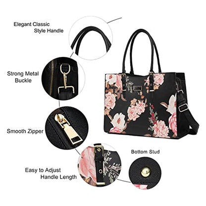MOSISO Laptop Tote Bag for Women, 15-16 inch Laptop Bag | Compatible with MacBook Air 15/Pro 16, Peony Waterproof PU Leather Work Tote Briefcase with Adjustable PU Handle, Black - size: 16 inch