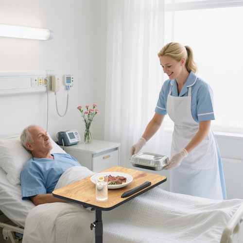 GIANTEX Overbed Table with Wheel, Medical Adjustable Bedside Table Natural | Mobile Standing Desk, Portable Laptop Table for Small Spaces, Bed Trays Table for Eating Home and Hospital - color: Natural