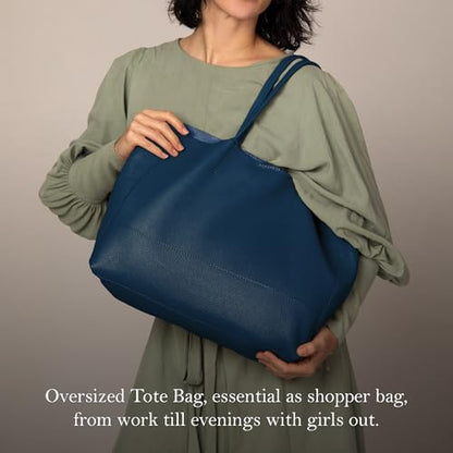 Italian Leather Tote Bag for Women - Large Shoulder Shopper, Fits 16” Laptop, Keychain Holder, Made in Italy - color: Navy Blue
