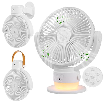 OGZ Portable Fan for Travel Wireless with Remote Timer, 7 Inch Small Desk Fan with LED Night Light 90° Oscillation, Rechargeable USB Fan for Cruise Bed Beside Sleeping Camping Tent - color: White