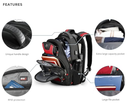 Swissdigital Design Men's Laptop Backpack for College and Business Travel with Integrated USB Charging Port and RFID Protection Fits 15.6" Laptops Black/Red | J14-41 - color: Black/Red