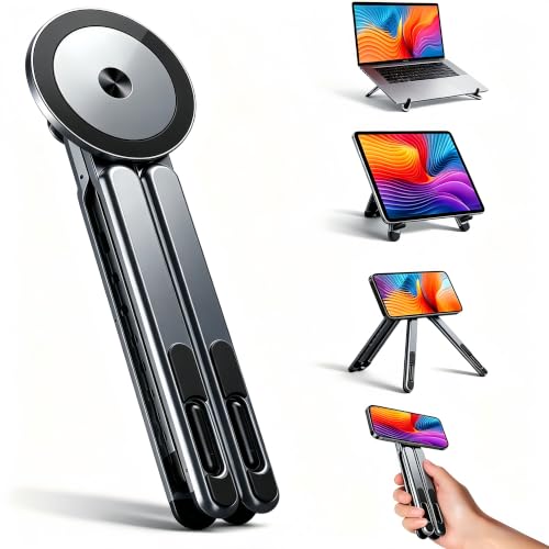 4-in-1 Foldable Laptop Stand with N52 Magnetic Phone Holder, Portable Aluminum Computer Stand for MacBook/ iPad/ Tablet, Adjustable Ergonomic Desk Stand for Home Office College Dorm & Travel Giftable