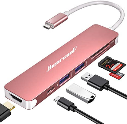 Hiearcool USB C Hub, 7-in-1 USB C Dongle for MacBook, HDMI, PD, Rose Gold - color: Pink