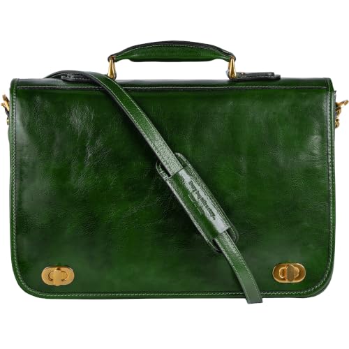Time Resistance Leather Briefcase for Men - Italian Full Grain Leather Laptop Bag - Messenger Bag - Gift Box Included - color: Green