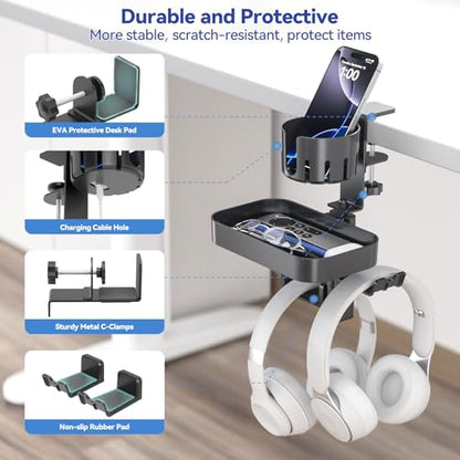 KDD Desk Cup Holder with 2 Headphone Hook - Rotating Pencil Holder & Detachable Drawer Tray - Clamp on Under Desk Headphone Holder Hidden Storage for Office School Home Accessories