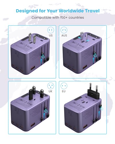 Universal Travel Adapter, VINTAR 75W GaN International Power Adapter with 3 USB C PD and 2 USB A QC, All in One Travel Essentials for UK/EU/USA/AUS, Travel Adapter Worldwide for Laptops Phones, Purple - color: 75W Purple