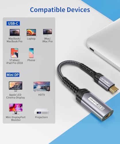 JSAUX USB C to Mini DisplayPort Adapter, 4K@60Hz, USB-C to Mini DisplayPort, Uni-Directional, for DP Alt Mode Devices, Not Compatible with Thunderbolt/Thunderbolt 2 Displays - size: 0.7ft
