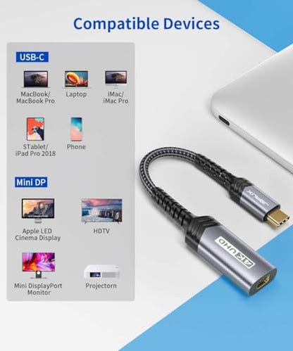 JSAUX USB C to Mini DisplayPort Adapter, 4K@60Hz, USB-C to Mini DisplayPort, Uni-Directional, for DP Alt Mode Devices, Not Compatible with Thunderbolt/Thunderbolt 2 Displays - size: 0.7ft