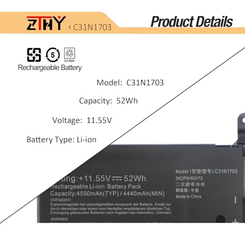 ZTHY C31N1703 Laptop Battery Replacement for Asus Zenbook Flip Q505U Q505UA | Q525U Q525UA UX561U UX561UA UX561UN Q505UA-BI5T7 Q505UA-BI5T9 Q525UA-BI7T9 UX561UA-BO003T UX561UA-BO052T C31P0J1 11.55V 52Wh - size: 8.07*5.63*0.28 inch C31N1703