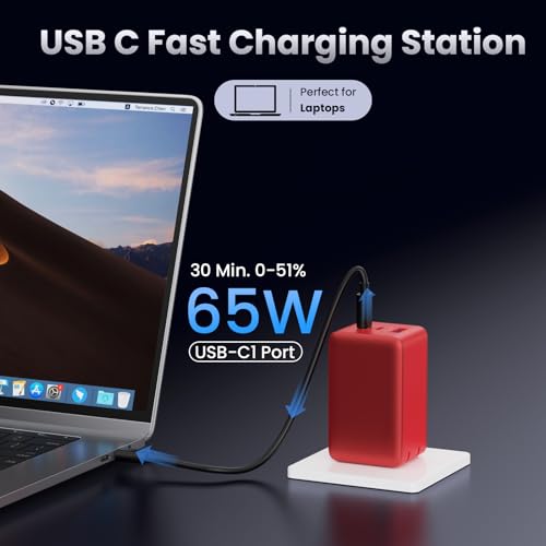 128W USB C Wall Charger,GaN III 3-Port Fast Charging Station,PD QC Foldable Charger Block Portable 65W Laptop Adapter for MacBook Pro/Air,iPad Pro,Galaxy S23,Dell XPS 13,iPhone 17/16/Pro etc - color: Red