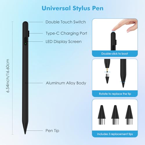 Moko Universal Capacitive Stylus Pencil for Touch Screen, Black | Fast Charging, Power Display, Compatible with Apple iPad/iPhone/Samsung/Lenovo, iOS Android Tablets & All Smartphones - color: Black