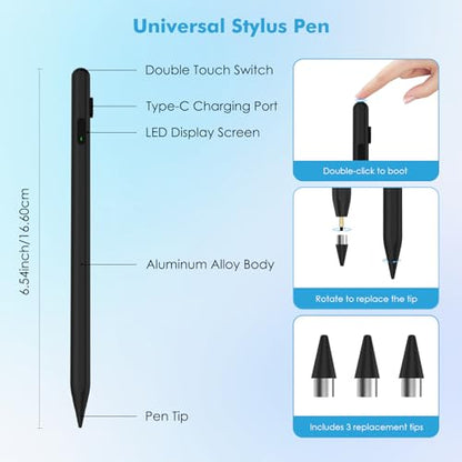 Moko Universal Capacitive Stylus Pencil for Touch Screen, Black | Fast Charging, Power Display, Compatible with Apple iPad/iPhone/Samsung/Lenovo, iOS Android Tablets & All Smartphones - color: Black
