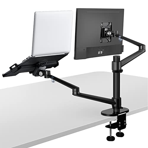Viozon Monitor and Laptop Mount, 2-in-1 Adjustable Dual Arm Desk Mounts Single Desk Arm Stand/Holder for 17 to 32 Inch LCD Computer Screens, Extra Tray Fits 12 to 17 inch Laptops (Black) - color: Black