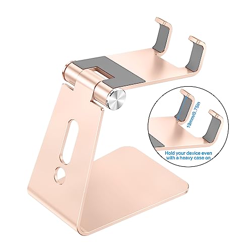 OMOTON Adjustable Cell Phone Stand, C2 Aluminum Desktop Phone Dock Holder Compatible with iPhone 15 14 13 Pro, SE, XR, 8 Plus 7 6, Samsung Galaxy, Google Pixel and More, Gold | Sturdy 3mm Aluminum, Charging Port, 270° Adjustable, Non-Slip Silicone Pads, W