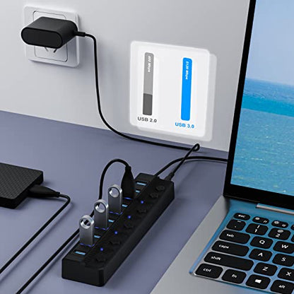 ONFINIO Powered USB Hub 3.0, 10-Port USB Splitter Hub | Individual On/Off Switches and 12V/2A Power Adapter USB Extension - style: 10 PORT 3.0