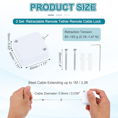 PATIKIL Retractable Remote Control Cable Tether (3.3ft /1M, White)(2 Set) Remote Control Security Lanyard Lock Adjustable Locking Leash with Rope Locks and Screws, Suit for - TVs/Tablets - color: White, size: 3.3 ft