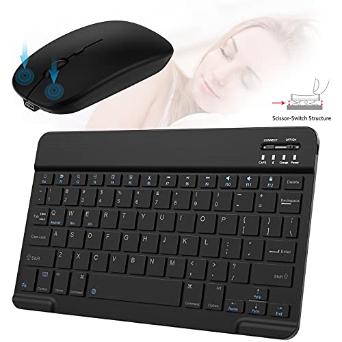 Ultra-Slim Small Bluetooth Keyboard and Mouse Combo Portable Rechargeable Wireless Keyboard for Android Tablet Cell Phone Samsung Smartphone iPhone iPad mini Pro Air 10.2 10.9 11 12.9 13 inch (Black)