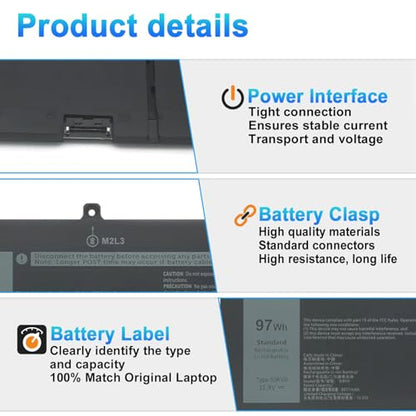 97Wh 9JRV0 Laptop Battery Replacement for Dell Latitude 5521 5531 Precision 3571 3561 3581 3591 Alienware M17 R5 M18 R1 R2 Series 05RGW 005RGW 53XP7 053XP7 - size: 10.71*3.94*0.59inch 9JRV0