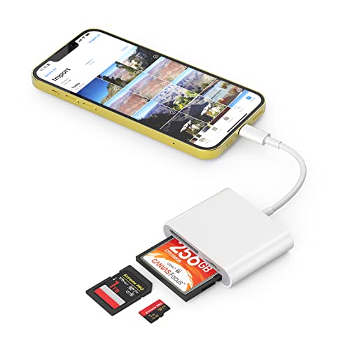 SZHAIYIJIN CF SD Card Reader for iPhone iPad, 3 in 1 Compact Flash Memory Card Reader Adapter, 3-Slot MicroSD CF SD Trail Game Digital Camera Viewer for iPhone 14/14 Pro/13/13 Pro No App Required - color: White/Grey