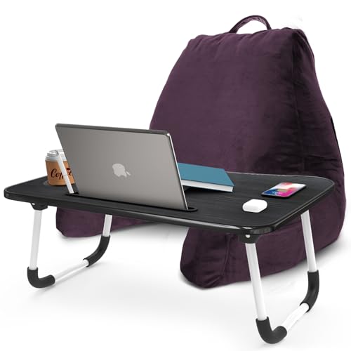 Nestl Reading Pillow with Portable Laptop Lap Desk - Shredded Memory Foam Back Support Pillow for Sitting Up in Bed and Couch Rest Pillows with Arms, Bed Tray Table with Foldable Legs, Purple - color: Purple, size: Standard