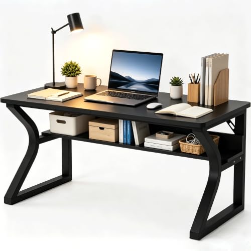 StarGraph Wood Computer Desk Table for Office Gaming Work Pc (Black, 47") | 47 inch, Storage Shelf, Triangle Stabilizer Brackets, Cable Management Hole, Large Desk For Bedroom, study, Gaming, Writing - color: Black, size: 47"
