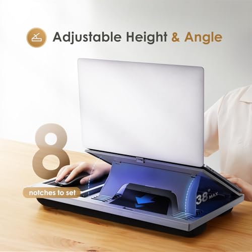 Adjustable Laptop Desk with Cushion, Mouse Pad & Cellphone Slot - Laptop Stand for Bed & Couch, Riser for Home & Office (Grey) | Built-in mouse pad, phone & pen slots, dual-cushion base, anti-slip design, raises the screen, for home office, bed, sofa - co