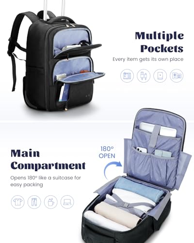 Ponhog Rolling Laptop Backpack with Wheels Carry On Laptop Bag | Airline Approved Water Resistant Travel Backpack, Fits 15.6 Inch Laptop, for Business Travel, College School, Black