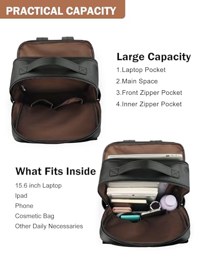 MASINTOR 15.6 inch PU Leather Laptop Backpack Purse for Women | College Laptop Backpack, Spacious Main Compartment, Luggage Strap & Padded Sleeve, Ideal for Campus, Commute & Travel - color: Black