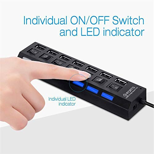 7-Port USB 2.0 Hub, USB Extender Splitter with Individual LED ON/Off Switches, Over-Current Protection, Plug-and-Play for Laptop