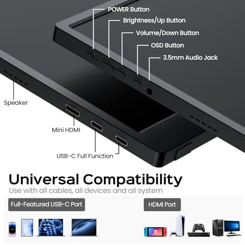 Portable Monitor, 15.6 inch 1080P USB-C HDMI Travel Monitor Built-in Stand VESA, External Screen for Laptop, PC, Mac, PS, Xbox, Swich IPS HDR Ultra-Thin