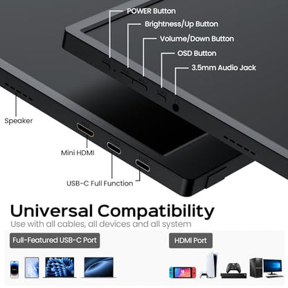 Portable Monitor, 15.6 inch 1080P USB-C HDMI Travel Monitor Built-in Stand VESA, External Screen for Laptop, PC, Mac, PS, Xbox, Swich IPS HDR Ultra-Thin