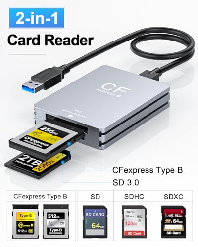 CFexpress Type B SD Card Reader 10Gbps Dual-Slot Memory Card Reader for Photographers,USB 3.2 Gen 2 Type B CF Express Adapter with USB C to USB C/A Cable,Compatible with Windows/Mac/Linux/Android