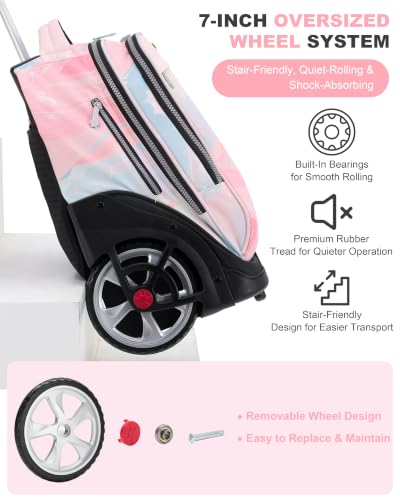 NEW TILAMI 19 Inch Rolling Backpack with Lunch Bag School Stair-Climbing | Stair-Climbing Teen Boys Girls Carry-on Suitcase Large Compartment 15.6 Laptop Sleeve Adjustable Handle Roller Travel Bag - color: Pink